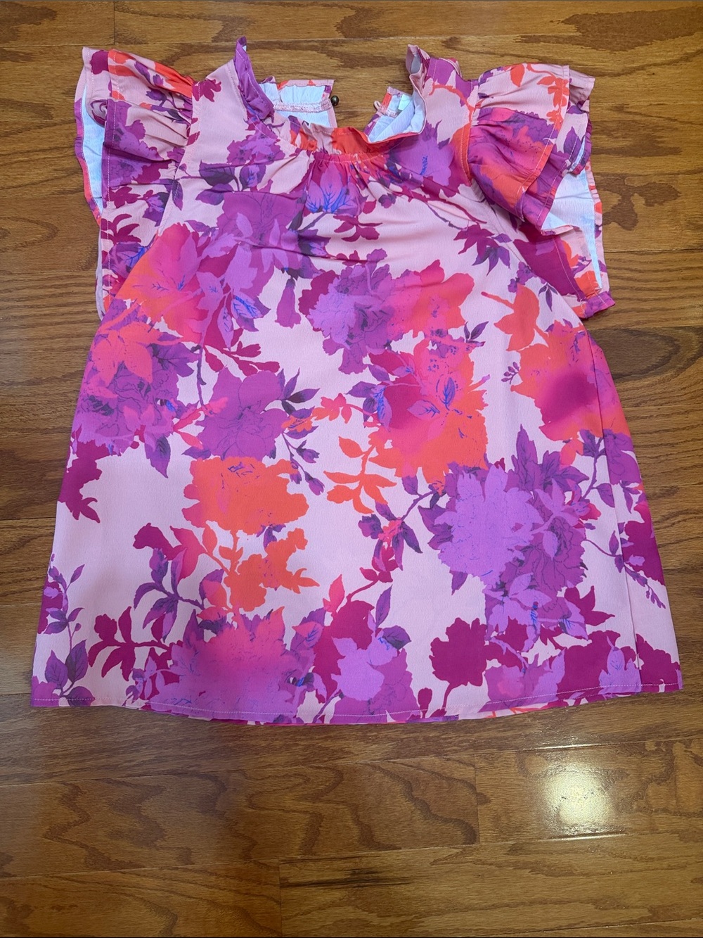 entro Pink Floral Flutter Sleeve Blouse with Purple & Orangish Accents